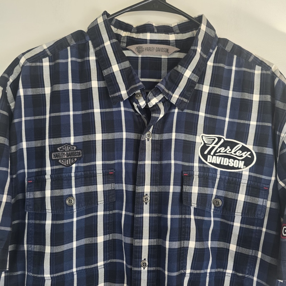 Harley Davidson Navy Multi-Patch Plaid Mechanic Short Sleeve Shirt Slim 2XL.D131 - Picture 3 of 13